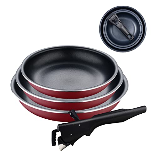 BERGNER Red Edition | Set de 3 Poêles de Cuisine de 18, 20 et 24 cm + 1 Manche Ergonomique et Amovible | Aluminium Pressé et Antiadhésif | Pour tous Types de Cuisinières et de Four