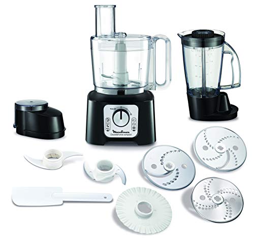 Moulinex Double Force Compact Robot multifonction, Bol 3 L, Blender 1,25 L, 6 options de vitesse, 9 accessoires inclus FP546811, Noir / Gris Foncé