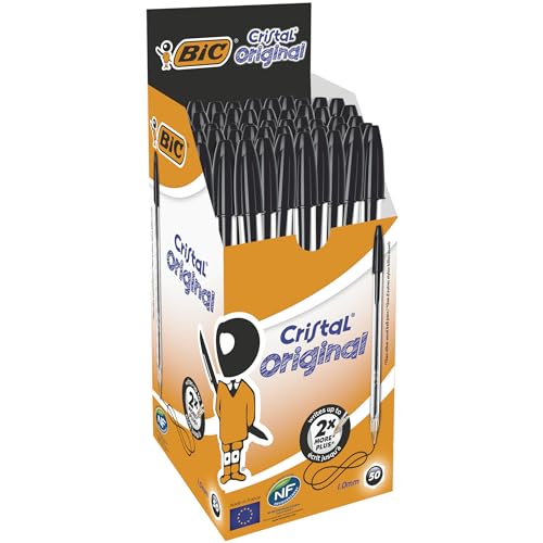 BIC Cristal Original Stylos-Bille (Pointe Moyenne (1 mm) / Parfait pour l'Ecole et au Bureau) - Noir, Boîte de 50