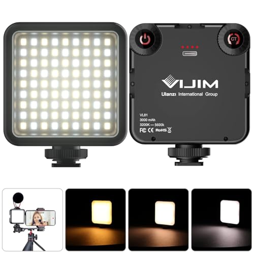 Lumière Caméra,LED Lampe avec 3 Cold Shoe,Eclairage Video Rechargeable 3000mAh,Lumiere Photo Professionnelle CRI95+Dimmable 3200K-5600K pour Tournage Vlog VIJIM VL81 LED USB