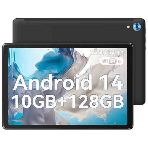 WEKYMES Tablette 10 Pouces, Tablette Android 14 avec 10GB RAM +128GB ROM (1TB TF), Octa-Core Processor Tablette Tactile, Widevine L1, Bluetooth 5.0, Dual Camera, 5000mAh, WiFi 6 (Noir)