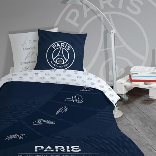 PSG Stars Parure de lit Enfant 1 Personne | 100% Coton | Oeko-TEX | Housse de Couette 140x200 cm + Taie d'oreiller 63x63 cm | Imprimé Réversible Garçon | Bleu Nuit