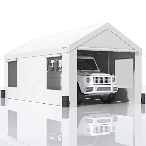 VEVOR Abri de voiture robuste de 3 x 6 m, abri de garage extérieur avec parois latérales amovibles, fenêtres et portes ventilées enroulables, bâche imperméable résistante aux UV toutes saisons pour vo