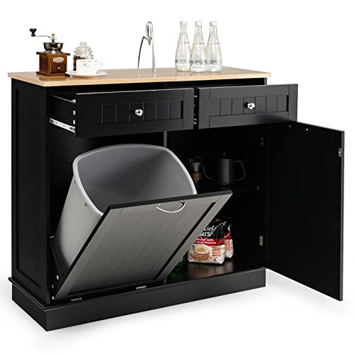 GOPLUS Buffet de Cuisine, Meuble Poubelle Cuisine avec 2 Tiroirs, Étagère Réglable, Plateau en Caoutchou pour Salle à Manger, Salon,Convient pour Poubelle 42L (Non Inclus) (Noir)