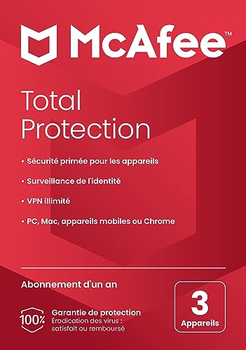McAfee Total Protection 3 appareils 2025 |12 mois |VPN sécurisé, logiciel de sécurité avec antivirus, gestionnaire de mots de passe et surveillance de l'identité | Livraison postale