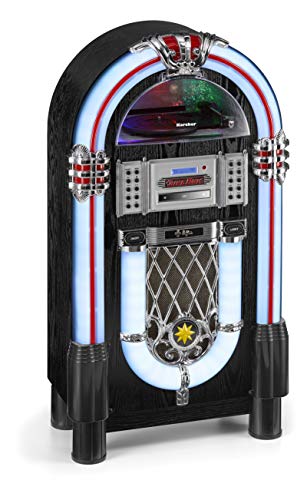 Karcher JB 6608D Jukebox (avec Tourne-Disque Lecteur CD et Streaming Audio Bluetooth, Radio FM et Dab+ avec mémoire de Station, Lecture MP3 Via USB ou Carte SD, Light Show) Noir