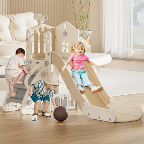 FAYDUDU 5 en 1 Toboggan Bebe, Toboggan Exterieur & Interieur Enfant, Toboggan pour Enfant avec Panier de Basketball, Télescope, Espace de Rangement, Escaliers, Toboggan Grand (Marron)