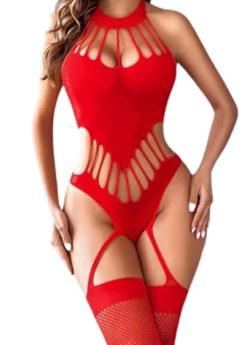 MIZSPISE Tenue Sexy Nuisette Femme en Résille Lingerie Élastique avec Bas Maille Transparent Coquine Hot Erothique Bodystocking Babydoll 3 Couleurs (rouge, taille unique)