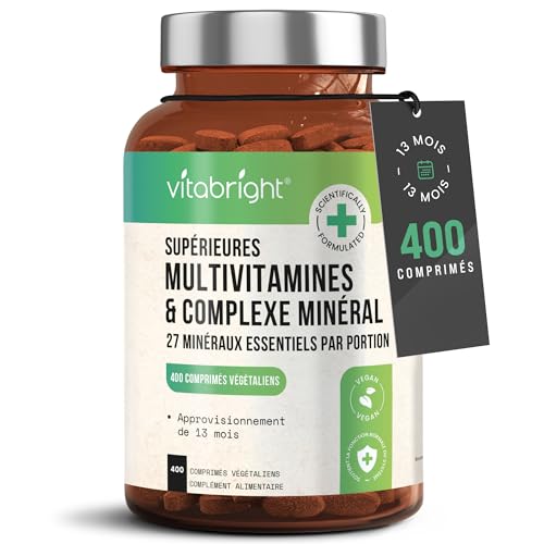 Multivitamines et Minéraux 400 Comprimés Multivitamines Femme/Homme, Complement Alimentaire Vitamine Fatigue Intense, Immunité Adulte, Cure Vitamine Adulte Vitamines Minéraux et Compléments VitaBright