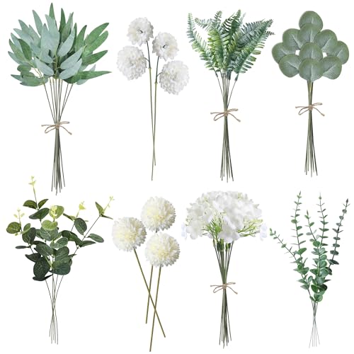 ROLLWAY 55pcs Fleurs Artificielles, Bouquet Fleur Artificielle Branches Fausse Fleur Decoration DIY Plantes Faux Soie Bouquet pour Maison Arrangement Mariage Bureau Deco (Vert et Blanc)