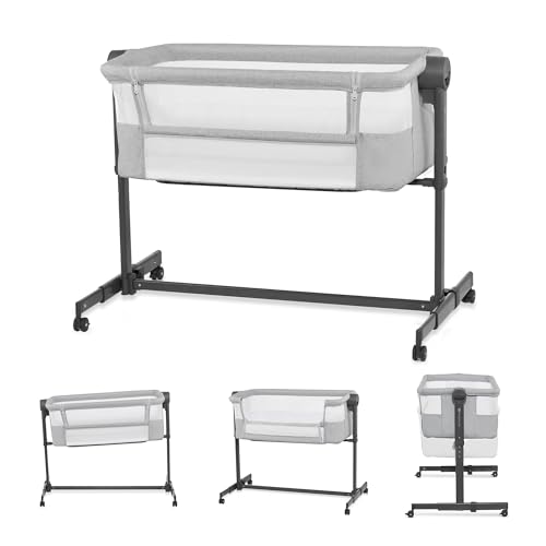 KINDERKRAFT Neste UP 2 Lit bébé cododo, Lit Bebe avec Matelas de la Naissance, Réglage de la Hauteur, Facile Adapter au lit du Parent, Pieds réglables, Gris Clair