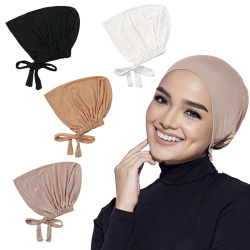 Luckwaii 4 Pièces Bonnet Hijab Femme Bonnets RéGlables Pour Hijab Musulman Femme Hijab Undercap Turban Femme Respirant en Coton Élastique avec Cordon de Serrage Bonnets de Couchage Chemo