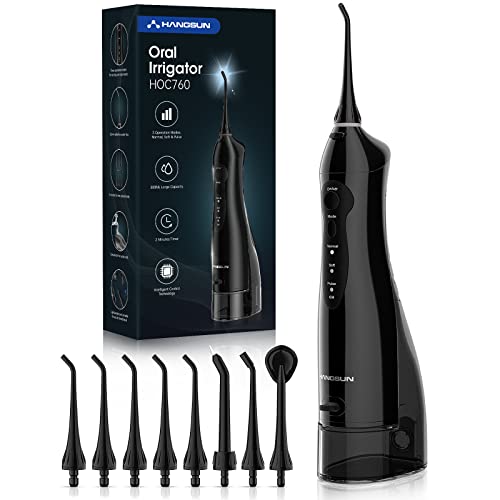 Jet Dentaire Hydropulseur Professionnel Irrigateur Oral Hangsun Portable de Voyage avec 8 Buses de Rechange, 3 Puissances Réglables, Réservoir 300ML, USB Chargé, Noir (modèle HOC760)