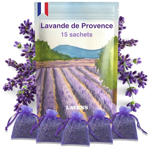LAVENS | 15 sachets de lavande parfumés | Origine Provence France | 120G | Sachet senteur pour armoire, linge et placard. Sac de lavande séchée désodorisante de qualité supérieure avec parfum intense.
