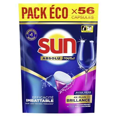 Sun Pastilles Lave-Vaisselle Absolu Tout-en-1 Brillance - 56 capsules - tablettes imbattables sur les taches tenaces - 4x plus de brillance