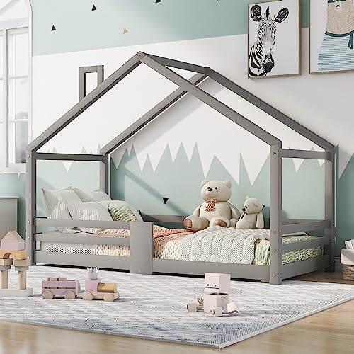 Lit cabane Enfants 90x200 Lit superposé Enfant lit Double lit Simple Protection Anti Chute avec cheminée Sommiers à Lattes Robustes en pin sans Matelas Gris