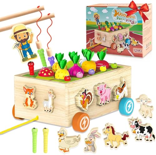 Achiyway Jouet Bebe 1 an, Jeux Enfant 1 2 3 Ans Garcon Fille 8 in 1 Jouet en Bois Montessori with Jeu de Peche, Reconnaître Animaux Légumes Formes, Cadeau Enfant (Voiture des Animaux)