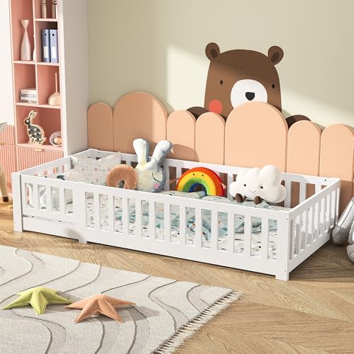 Générique Lit pour Enfant 90 x 200 cm Bed de Maison de Sol lit en Bois pour Enfants avec Protection Contre Les Chutes Cadre de Lits en Bois de Pin pour Chambre de Garçons-Filles(Blanc-B)