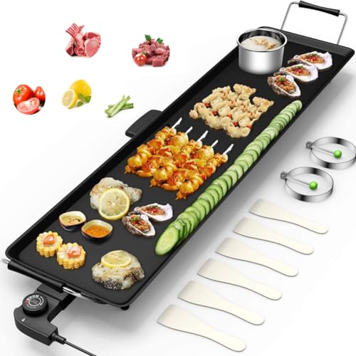 GOPLUS Plancha Électrique XXL Antiadhésive avec Thermostat Ajustable, Grille de Table Antidérapante et Lavable avec Poignée Rembourrée, Grande Capacité pour 8 Personnes, 1800W, 90 x 23CM