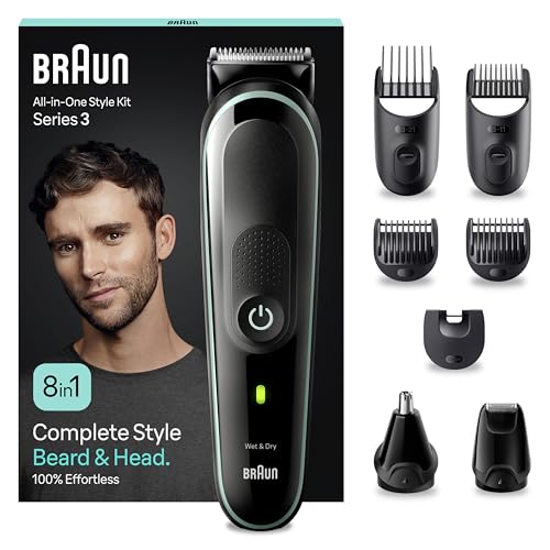 Braun Tondeuse Tout-En-Un Series 3 MGK3441, 8-En-1, Kit Styling Homme, Rasoir De Précision, Barbe, Cheveux, Moustache, Oreilles, Nez, Autres Zones, Lame Ultra-Affûtée Pour Contours Impeccables