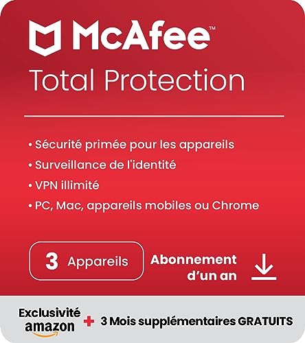 McAfee Total Protection 2024 Exclusivité Amazon, 3 appareils|Antivirus, VPN, gestion des mots de passe, sécurité mobile et Internet|PC/Mac/iOS/Android|Abonnement 15 mois|Code d'activation par email