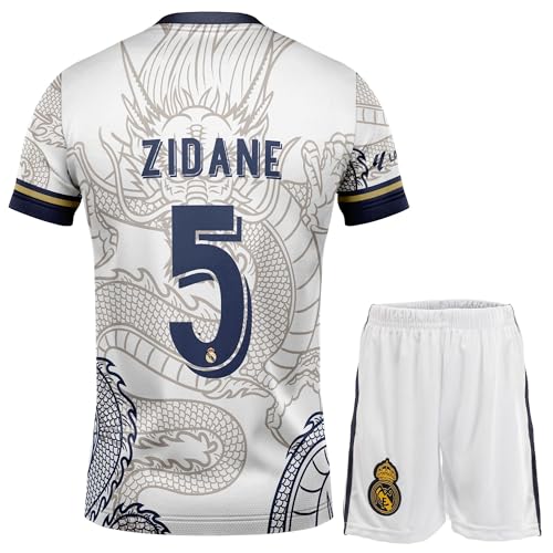 R. Madrid Légende Zidane #5 Maillot de Football Dragon Blanc pour Enfants Blanc Foncé, Design Spécial, Football, Édition Limitée, Livré avec Un Short (Dragon Blanc, 152)