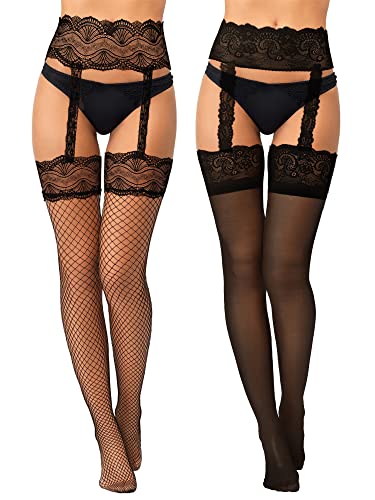 Geyoga 2 Paires Bas Porte-Jarretelles en Dentelle Bas Hauts de Cuisse Collant en Résille Floral avec Jarretière pour Femme (Noir)
