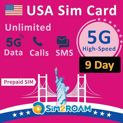 Carte SIM prépayée USA | Données Internet Haut débit 5G/4G LTE illimitées aux États-Unis (y Compris Hawaii) | Appels et SMS illimités aux États-Unis | Rechargeable ! (9 Jours)