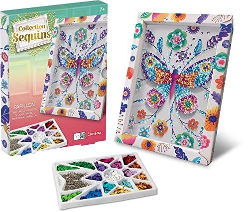 COLLECTION SEQUINS - Papillon - Activités Créatives pour Enfants dès 7 Ans - Créez un Tableau Étincelant avec des Sequins - Kit Création Tableaux Personalisés - Développe la Motricité Fine - Lansay