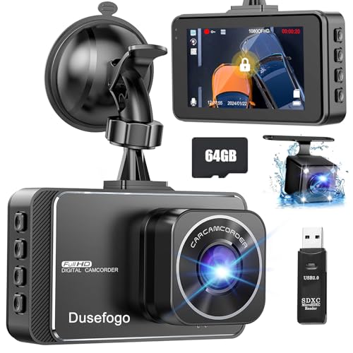 Dusefogo Dashcam Voiture Avant Arrière 1080P+720P, 3" FHD Écran Camera Voiture, 360 Degrés Caméra Embarquée pour Voiture avec Carte SD 64 G, Grand Angle 170°, Vision Nocturne, Capteur G