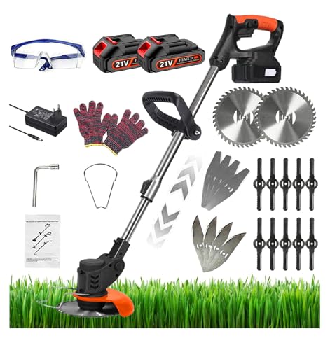 Wrneaoch 3 en 1 Coupe Bordure sans Fil avec Batterie, 21V Debroussailleuse Electrique sans Fil avec 2 pcs 2Ah Lithium Batterie et 4 Types de Lames, Legere pour la Jardin Pelouses et Terres Agricoles