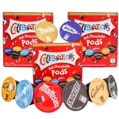 Dosettes compatibles Dolce Gusto pour chocolat chaud Celebrations - Capsules Twix, Mars, Bounty, Snickers, Galaxy, Malteser, Milky Way et Galaxy Caramel - 3 boîtes, 24 capsules…