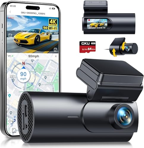 GKU 4K Dashcam Voiture Avant Arrière,5G WiFi & GPS,2160P+1080P Camera Voiture,1.5'' IPS Caméra Embarquée Voiture avec Carte SD 64G,Grand Angle 170°,Vision Nocturne,WDR,G-Capteur,Mode Stationnement 24H