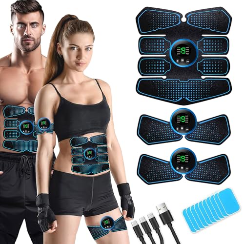 LEMENG Electrostimulateur Musculaire, EMS Ceinture Abdominale Electrostimulation, Abdos Musculation Appareil, Musculation Abdominaux 8 Modes & 19 Intensités, 12Tampons de Rechange