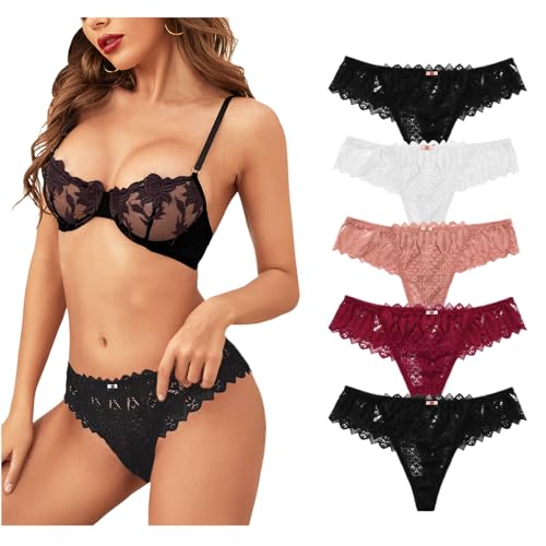 Lishang 5 Pack String Femme Sexy Chic Tanga Dentelle Culotte Basse Femme Slips Culottes Strings Bikini sous Vêtements Tentation Panties
