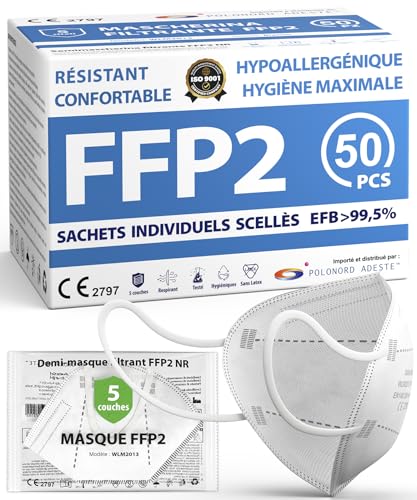 ADESTE – 50 Masques FFP2 Blancs Certifiés CE, approvisionnement contrôlé, élastiques confortables, hypoallergéniques et réglables. EFB 99,5%. Emballage individuel