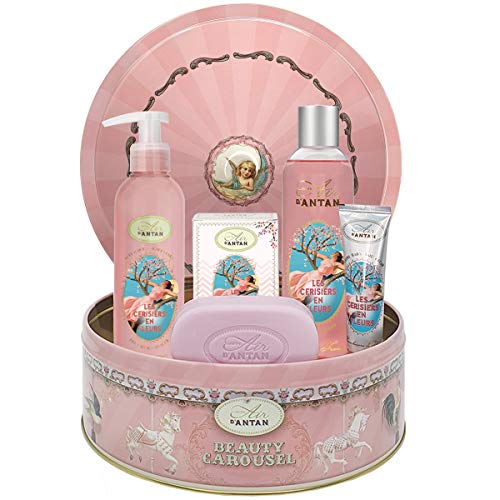 Coffret Cadeau Femme Soin 1 Gel Douche 250ml, 1 Creme Main 25ml, 1 savon 100g, 1 Lait Corps/Parfum Fleurs de cerisiers/Un Air d'Antan/ Idee Cadeau Maman Anniversaire/Coffret Beauté Femme/Cadeau Femme