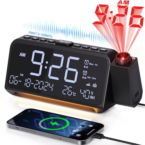 Mesqool Radio Réveil Projecteur de Plafond avec Projecteur 320°, Mode Jours Ouvrables/Week-End, 2 Alarmes, Chargeur USB de Type C, FM, Variateur d'intensité, Température, Humidité, Snooze, 12/24H