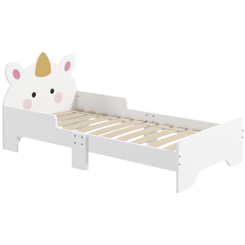 ZONEKIZ Lit Enfant, Design Licorne, 3 à 6 Ans, sommier à Lattes Inclus, 143 x 74 x 67 cm, lit pour Enfant, barrières latérales, Charge Max. 80 kg, Rose