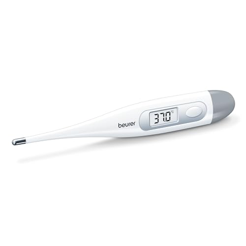 Beurer FT 09 Thermomètre numérique et corporel, résistant à l'eau, écran LCD, signal acoustique, sans verre, couleur blanc