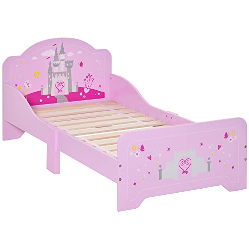 HOMCOM Lit Enfant - lit d'enfant Design Princesse Motif château - sommier à Lattes Inclus - MDF Contre-plaqué Rose