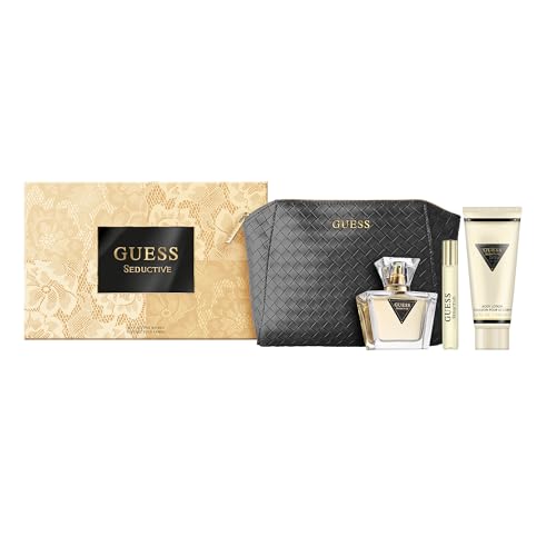 GUESS Seductive Coffret Cadeau pour Femme – Eau de Toilette 75ml, Format Voyage 15ml, Lotion pour le Corps 100ml, Pochette Noire Guess – Parfum Fruité Longue Durée