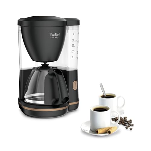 Tefal Includeo Cafetière filtre 1,25 L, 10 à 15 tasses, Conçue pour droitiers et gauchers, Porte-filtre amovible double poignée, Ouverture automatique du couvercle CM533811, Noir