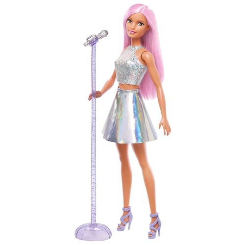 Barbie Coffret Barbie Pop Star, poupée vêtue d’une jupe irisée avec microphone et cheveux roses, cadeau pour enfants de 3 à 7 ans, JCW42