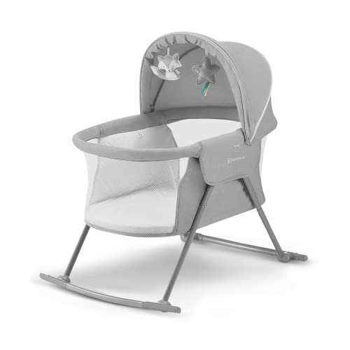 Kinderkraft LOVI Lit bébé 3 en 1, Berceau bébé, Lit parapluie, avec Matelas Sac de Transport Moustiquaire, 2 jouets doux inclus, Grande capote réglable, Circulation de l'air, Gris