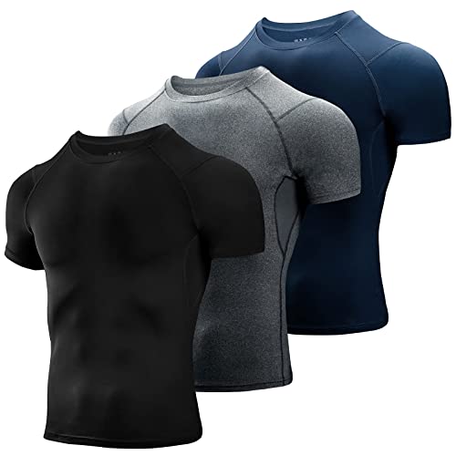 Niksa 3 Pack Tee Shirt Compression Homme Manches Courtes Running Vetement de Fitness Gym Compression Baselayer pour Sports Jogging Musculation, Noir+Gris+Marine, Taille M
