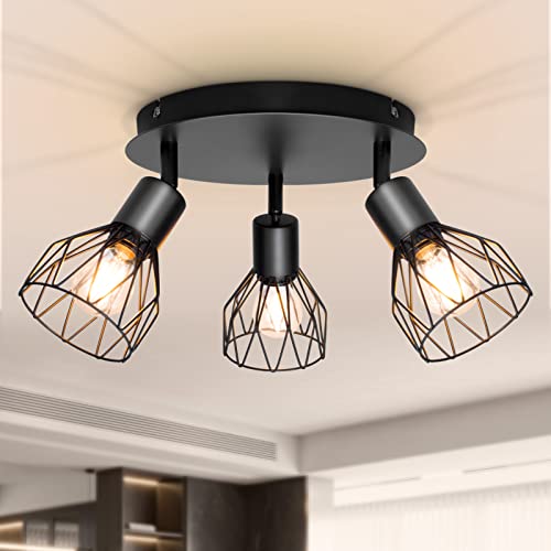 Dehobo Plafonnier Industriel Spots et Rails de Spots Noir, Rampe Spot avec Douille E14, Barre de Spot 40W sans Ampoules, Plafonnier 3 Spots LED Orientable pour Interieur Cuisine Chambre Salon