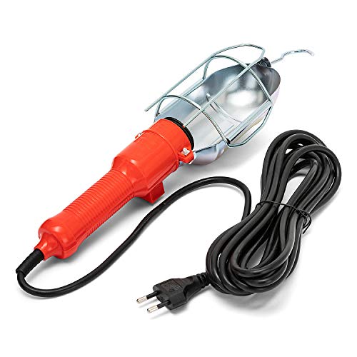 Velamp IS529 Lampe de Travail portative avec Cage métallique, culot E27, Compatible LED. Baladeuse avec Interrupteur et câble 10 mètres. pour Le Garage, la Cave, l'atelier, Le Chantier, 60 W, Orange