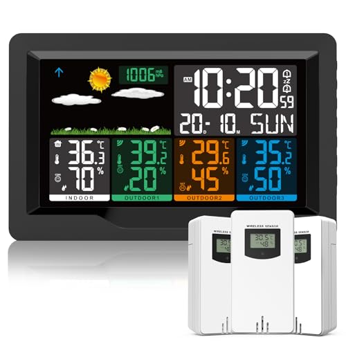 Qxmcov Station Météo sans Fil avec 3 Capteurs, Thermomètre Hygromètre Numériques Intérieure/Extérieure, Ecran LCD Couleur, avec Calendrier l'horloge Réveil Snooze Prévisions Température Humidité