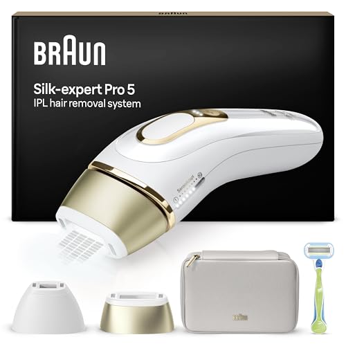 Braun Silk·expert Pro 5 Épilateur À Lumière Pulsée, Épilation Pour 1 An De Peau Douce, Alternative Au Laser, Avec Pochette, Tête De Précision, Rasoir Venus, Blanc/Doré, PL5152